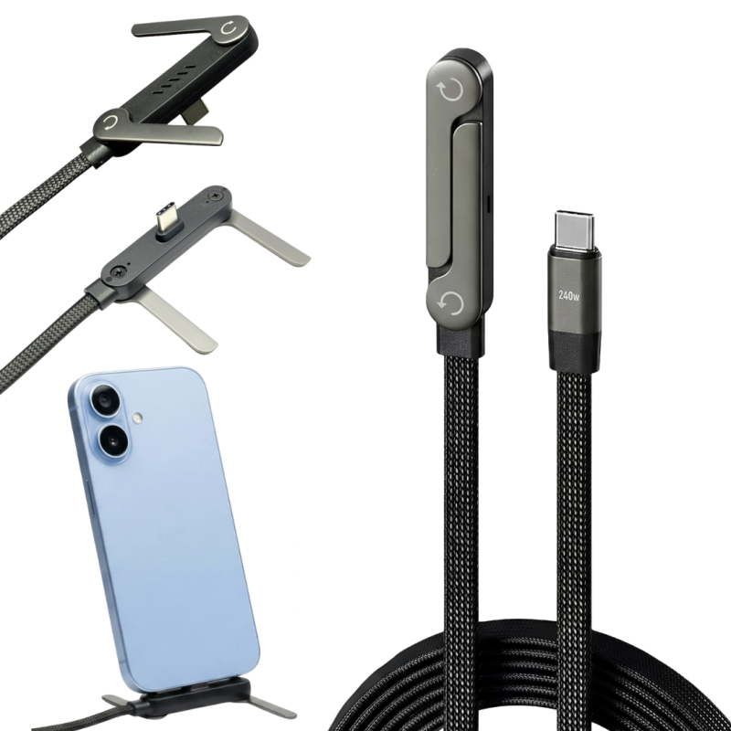 240W Type C Fast Charging Cable with Invisible Holder – 2-in-1 Mobile Stand Cable